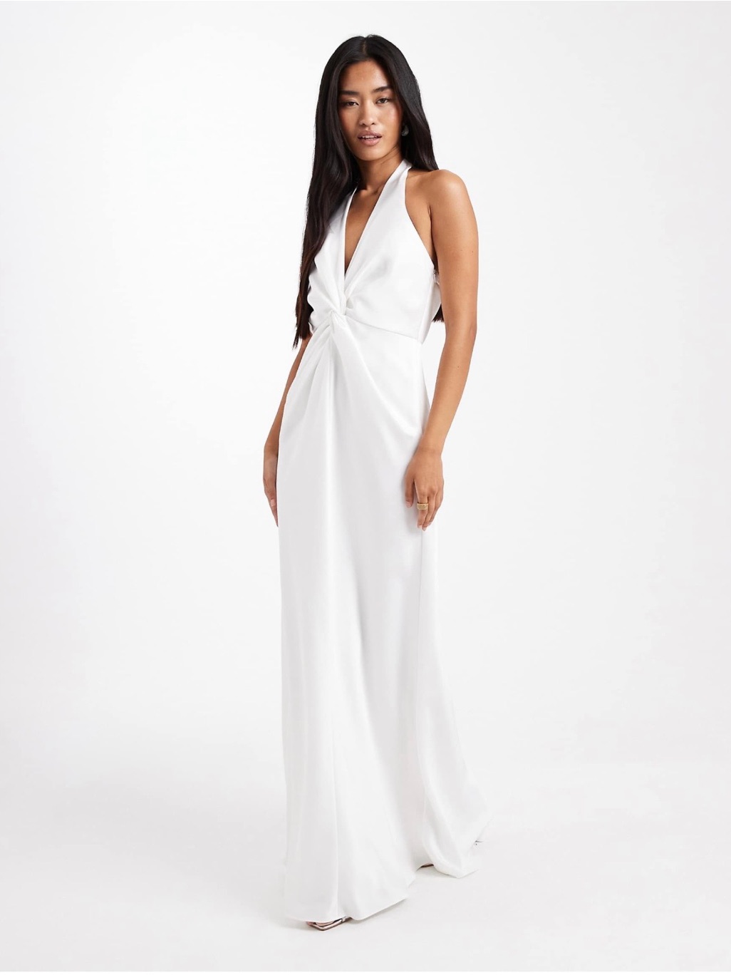 Twist-Front White Halter Maxi Dress
